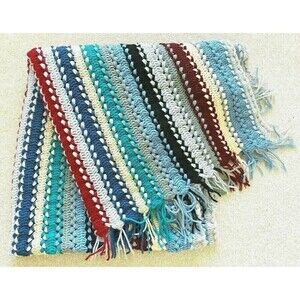 Handmade Blue Burgundy Striped Crochet Afghan Throw Fringe Roseanne Mission Sofa